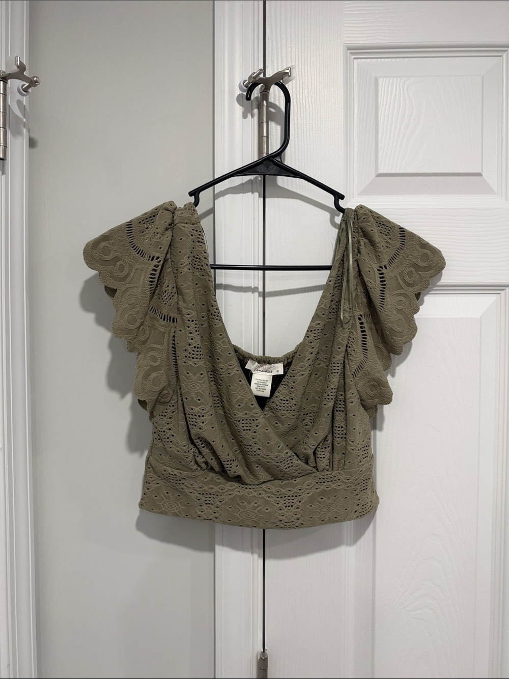 Scalloped Eyelet Wrap Crop Top - Olive